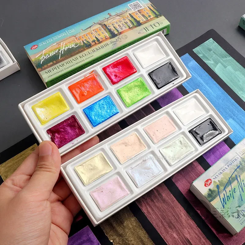 Watercolor Paint Set Solid Pigment - ชุดอุปกรณ์ศิลปะภาพวาดแบบพกพาสีขาวเรืองแสงประกายมุกเม็ด Master สีทึบ8สี2024ใหม่
