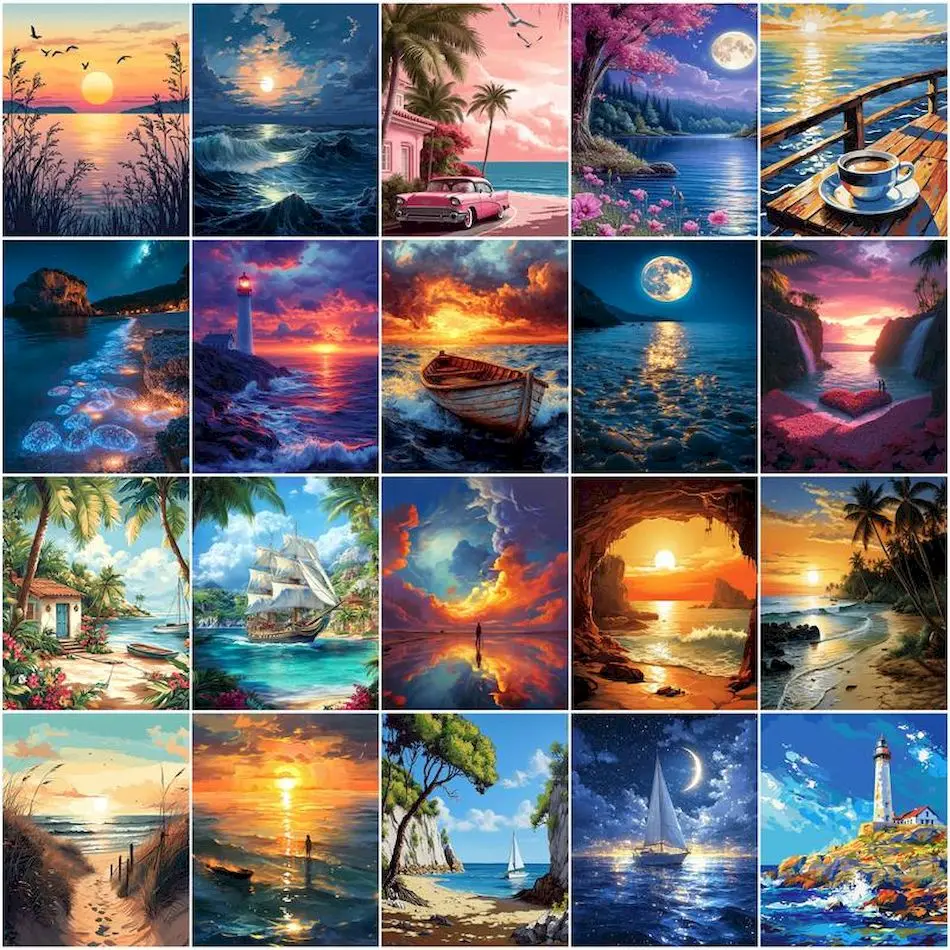 Painting Supplies - สีสำหรับระบายภาพตามตัวเลข ภาพทิวทัศน์ทะเล ระบายภาพตามตัวเลข อุปกรณ์ศิลปะ งานศิลปะสีน้ำ งานฝีมือ